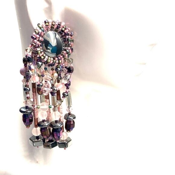 Hand beaded hematite-pink -opalescent artisan fiber wrapped chandelier earrings - Picture 8 of 11